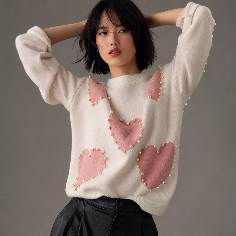 English Factory Womens Heart Pearl Embellished Knit Sweater Pink Cream Small NEW